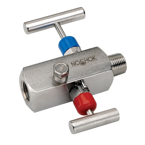 2 Valve Block & Bleed, Hard Seat, 1/2 NPT Female - 1/2 NPT Female, Steel, 0.187" Orifice, PTFE Packing, Non-Rotating V Tip Stem
